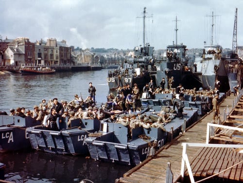 American Rangers a bordo de la embarcación LCA en Weymouth, Inglaterra antes del Día D, junio de 1944