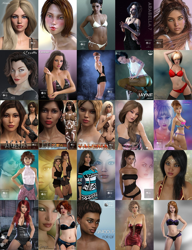 A collection of characters for the female Genesis 3 model from Daz3D.
